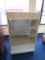 Wooden 3-Tier Display Cabinet, Glass Front, 1 Glass Shelf, Wooden Slide Door Back on Casters
