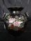 Black Wide Body Urn Design Vase w/ Gilted Floral Motif/Handles