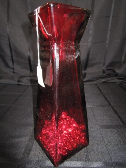 Ruby Glass Standing Vase w/ Glass Bead Décor