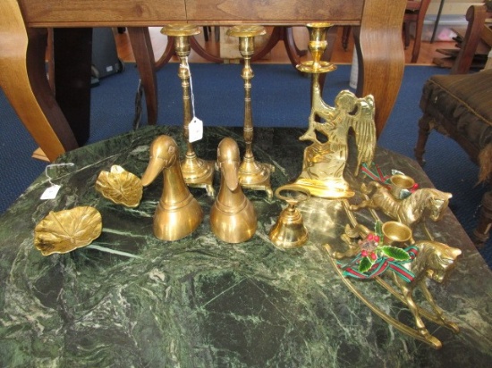 Brass Lot - Pair Duck Heads Book Ends, Spindle-Style Candle Holders, Christmas Motif, Etc.