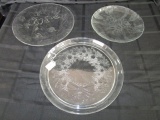 3 Clear Glass Platter/Plates Floral, Christmas, Holly Motif
