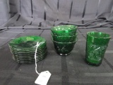 Depression Glass Emerald 9 Saucers, 3 Bowls, 1 Cup
