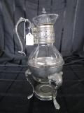 Vintage Silverplate & Glass Coffee Carafe Ornate Curved Stand, Pierced Neck/Ornate Handle