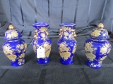 Blue/Gilted Ceramic 2 Bud Vases, 2 Urns w/ Lids, Ornate Floral Pattern/Motif
