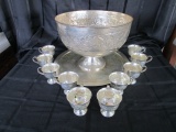 Large Silverplate Punch Bowl Acanthus Leaf Motif w/ 10 Matching Cups & Underplate/Platter