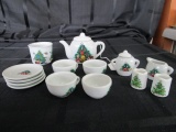 Miniature Ceramic Tea Set Christmas Tree Motif, Teapot, Creamer/Sugar, Mug 4 Saucers, Etc.