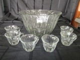 Large Clear Glass Scalloped Punch Bowl w/ 6 Matching Cups