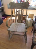 Vintage Wooden Rocking Chair, Carved Embellished Top Rolled Arms, Slat Back