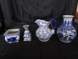 Lot - Blue/White Ceramic Pitcher Floral/Leaf Motif, Rose/Vine Motif Vase Wide Body
