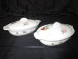 Pair - Fruit Motif Oven-To-Table Oval Cookware w/ Handles/Lids