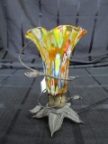 Multi-Color Glass Shade Desk Lamp w/ Dragonfly Motif w/ Metal Leaf Base