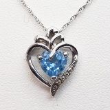 Silver Heart Shaped Blue Topaz Pendant w/ Chain Necklace