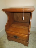 Wooden 1 Drawer Side Table, 2 Tier Curved Sides w/ Avignon-style Skirt, Metal Batwing Pulls