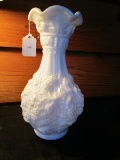 Berry/Leaf Motif Milk Glass Wide Body Narrow Neck Vase, Grecian Design