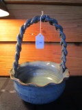 Stoneware Glazed Blue Basket Twist Handle, Flared Rim