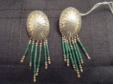 Sterling Pair Sunburst/Ornate Pattern Earrings w/ Green Bead Tassels