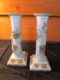 Pair - Ceramic Floral Pattern Column Design Candle Sticks