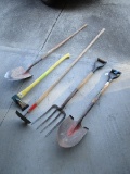 Tool Lot - 2 Shovels, Axe, Hoe, Rake