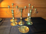 Brass Lot - 2 Five-Arm Candle Holders, Spindle Design Candle Holders, Etc.