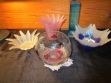 4 Glass Candle Holders, 1 Blue/Frosted, 1 Pint, 1 Clear/Crackle Glass, 1 Blue Vase