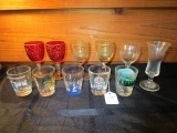 Misc. Glass Lot -2  Ruby Glass Cups, 2 Clear w/ Vine/Curled Motif, 5 Shot Glass, Bud Vase, Etc.