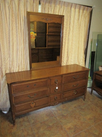 Mid-Century Italian Provincial Neo-Classical Style Triple Dresser w/ Attached Framed Mirror