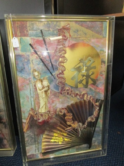 Asian/Chinese Motif Shadowbox w/ Fan, Brass, Chinese Letter, Woman Ceramic Figure