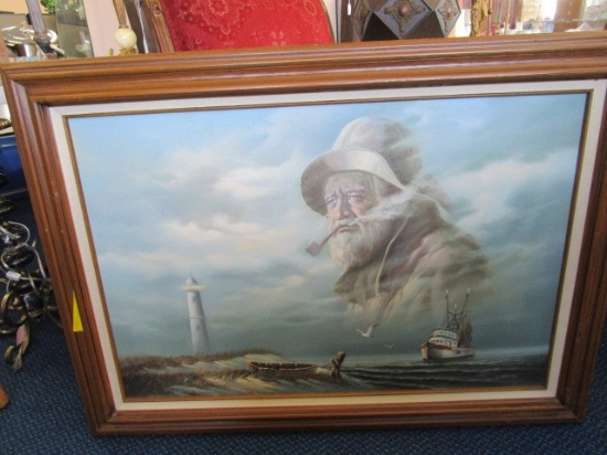 Old Fisherman/Sea Scene Print on Canvas in Wooden Frame/Matt