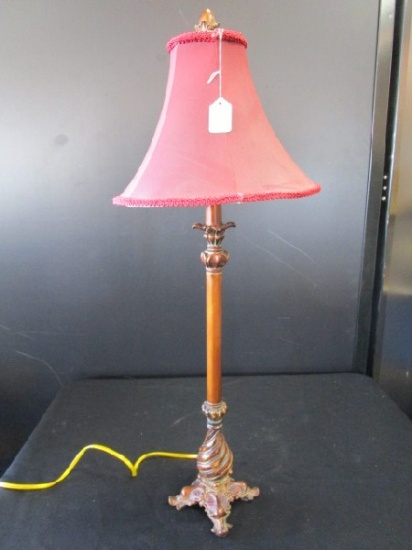 Metal Brass Patina Design Lamp Ornate/Curled Base Long Neck, Red Shade, Acorn Top