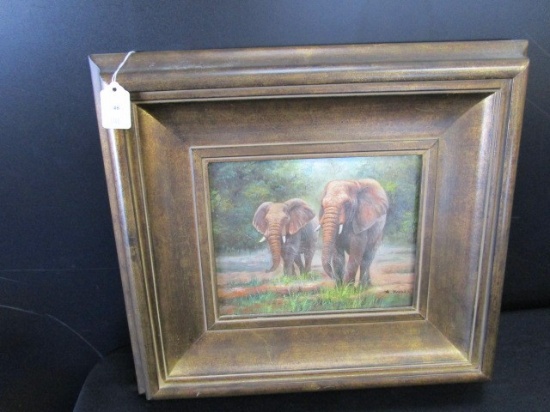 Oil on Canvas Hand Painted Elephants Scene in Antique Patina Wood Frame/Matt
