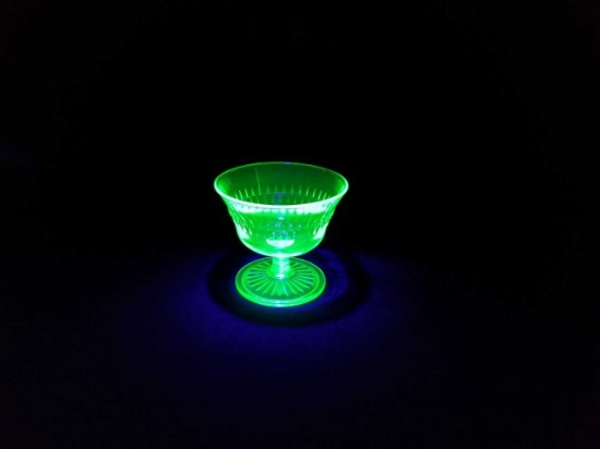 3 Uranium Glass Sundae Bowls Black Cut Trim Pattern, Scallop Base