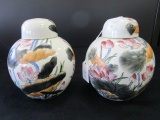 Pair - Wide Body Jars w/ Lids, Floral/Gilted Motif Pattern