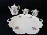 Hul-Marc Set Ceramic Teapot, Creamer/Sugar, Tray w/ Purple Tulip Motif