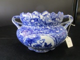 Wide Top Vase/Bowl w/ Blue Crane/Floral Motif, Saw-Tooth Top, Handles
