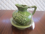 Green Ceramic Stoneware Glazed Leaf/Berry Jug w/ Underplate Japan