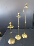 3 Solid Brass Raised Candle Holders, Spindle Design