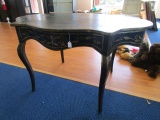Vintage Antique Patina/Design Table w/ 1 Drawer Curled/Gilted Trim Motif, Curved Legs