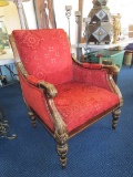 Red Upholstered Arm Chair, Acanthus Leaf Curled Arms, Spindle Legs, Curled Back
