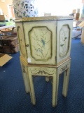 Antique Design Corner Wood Side Table, 1 Hutch Doors, 4 Legs, Curled Stretchers