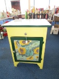 Enamel Top Wood Body Side Table w/ 1 Drawer, 1 Door Floral Motif Enamel/Metal Pulls