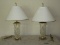 Pair - Lead Crystal Vase Form Table Lamps Diamond Pattern on Brass Chinoiserie Base