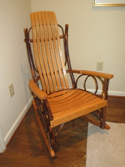 Adirondack Style Rustic Hand Crafted Hickory & Oak Flat Arm Slat Rocking Chair w/ High Back