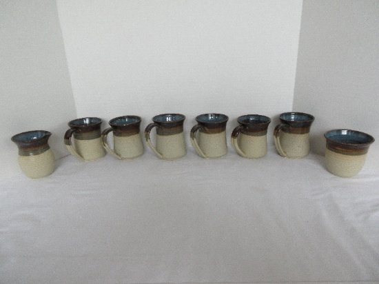 8 Pieces - Southern Pottery 6 Mugs, Creamer & Open Sugar Bowl Artist Signed '87