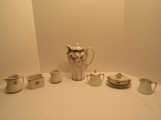 Lot - Marked RS Prussia Chocolate Pot Floral Design Luster Finish Swirl Form 9"