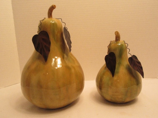Pair - Ceramic Decorative Pears w/ Tin Leaves & Stems