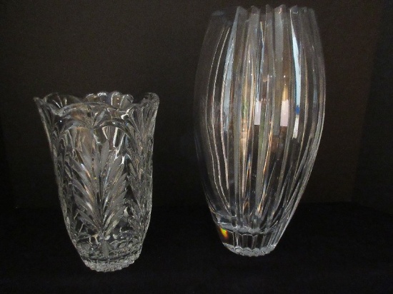 2 Lead Crystal Vases Raised Vertical Design 12 1/4" Vase