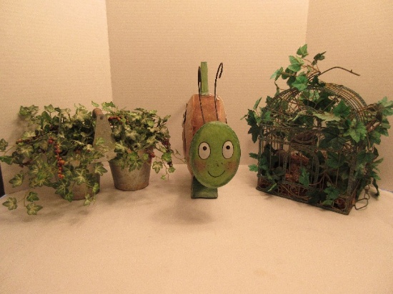 Whimsical Tin Snail/Daisy Watering Can Double Galvanized Pails w/ Wooden Center Handle