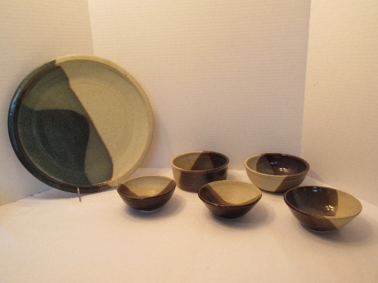 6 Pieces Pottery Charge 13 1/2" Plate & 5 Bowls Artist Signed John Myer Abstract Design