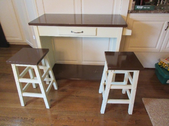 3 Piece Kitchen Island w/ Drawer Towel Bar & 2 Stools That Store Inside To Free Up Space