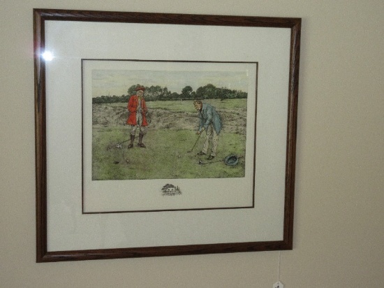 Hand Colored Engraving Early Golfers on Putting Green w/ Water Mark in Oak Dark Stain